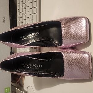 BEAUTIISOLES ABIGAIL SQUARE TOE PUMP IN PINK METALLIC SIZE 5